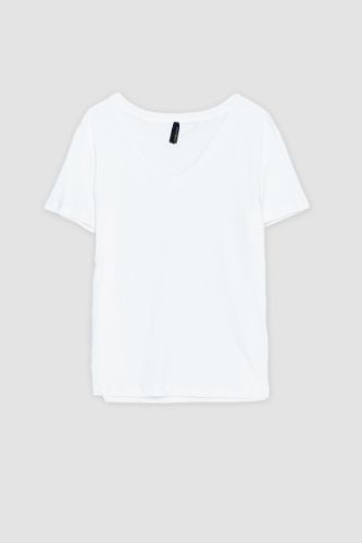 T-shirt en coton peigné à col en V et manches courtes Coupe régulière