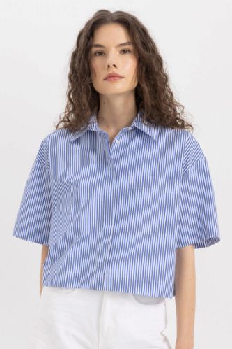 Crop Çizgili Poplin Kısa Kollu Gömlek