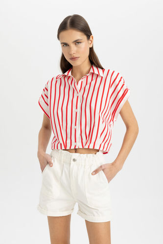 Striped Short Sleeve Poplin Crop Shirt