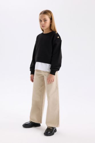 Kız Çocuk Wide Leg Geniş Bol Paça Pamuklu Cepli Bej Pantolon