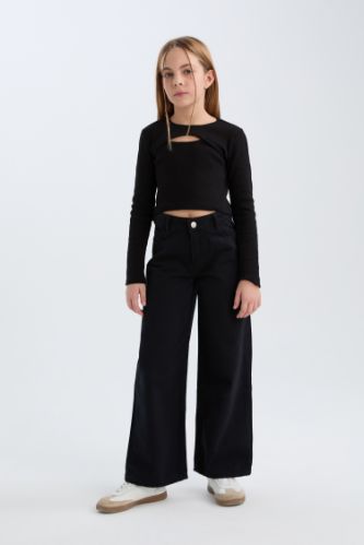 Kız Çocuk Wide Leg Geniş Bol Paça Pamuklu Cepli Siyah Pantolon