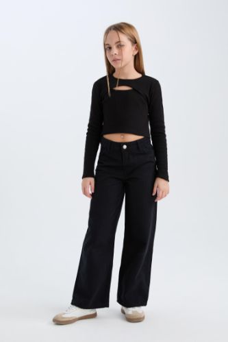 Kız Çocuk Wide Leg Geniş Bol Paça Pamuklu Cepli Siyah Pantolon