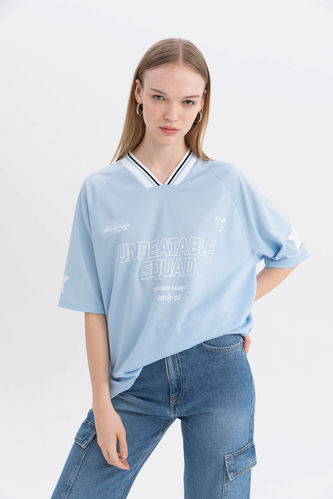 Oversize Fit V-Neck Printed Short Sleeve T-Shirt
