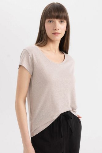 Regular Fit Bisiklet Yaka Keten Karışımlı Basic Düz Kısa Kollu Tişört