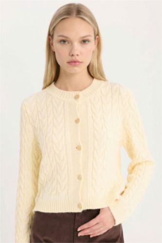 Regular Fit Crew Neck Patterned Knitwear Cardigan