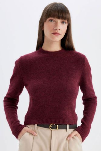 Regular Fit Bisiklet Yaka Premium Basic Düz Crop Triko Kazak