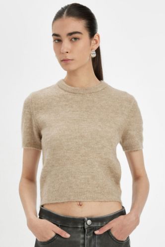 Regular Fit Bisiklet Yaka Premium Basic Düz Kısa Kollu Triko Kazak