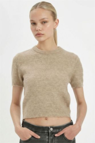 Regular Fit Bisiklet Yaka Premium Basic Düz Kısa Kollu Triko Kazak