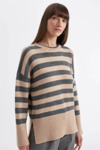 WOMAN Beige Oversize Fit Striped Crew Neck Pullover