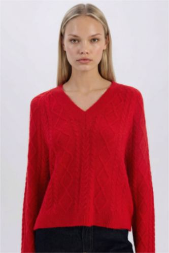 حريمي أحمر بلوفر احمر تريكو قصة مريحة بياقة V