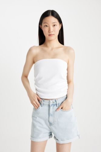 Slim Fit Dar Kesim Fitilli Kaşkorse Straplez Bluz