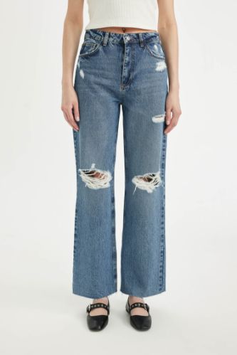 90's Wide Leg Yırtık Detaylı Yüksek Bel Uzun Jean Pantolon