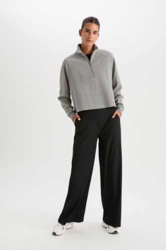 DeFactoFit Wide Leg Geniş Paça Beli Fermuarlı Cepli Sporcu Premium Dokuma Pantolon