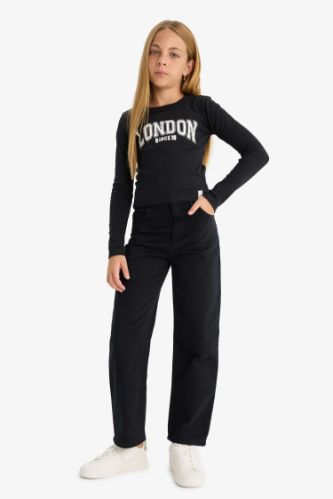 Kız Çocuk Straight Fit Geniş Bol Paça Cepli Pamuklu Okul Pantolonu