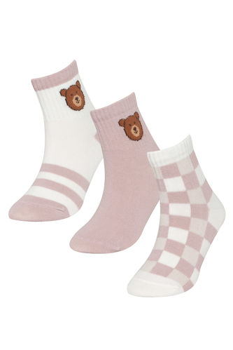 Girl Bear Patterned 3 Piece Cotton Long Socks