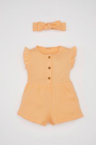 Kız Bebek 2'li Takım Waffle Kolsuz Tulum Bandana