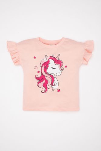 Kız Bebek Bisiklet Yaka Unicorn Baskılı Kısa Kollu Tişört