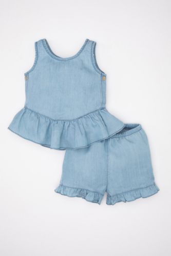 Kız Bebek 2'li Takım Jean Görünümlü Kolsuz Fırfırlı Bluz Şort