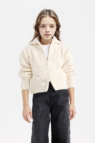 Kız Çocuk  Basic Düz Dik Yaka Fermuarlı Triko Hırka