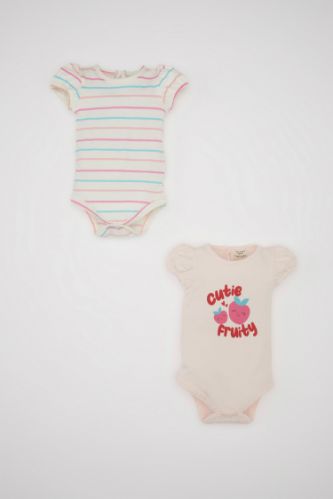 Kız Bebek Yenidoğan Bisiklet Yaka Çizgili Penye 2'li Kısa Kollu Çıtçıtlı Body