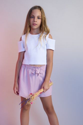 Kız Çocuk Slim Fit Dar Kesim Bisiklet Yaka Basic Düz Ribana Kısa Kollu Tişört
