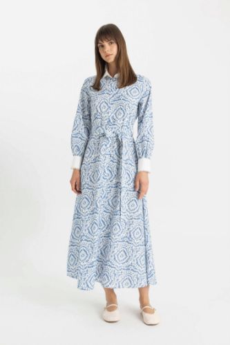 Desenli Uzun Kollu Poplin Maxi Elbise