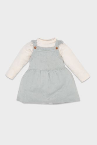 Kız Bebek 2'li Takım Yarım Balıkçı Yaka Uzun Kollu Tişört Salopet Elbise
