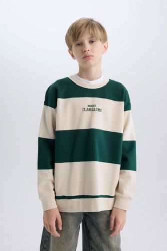 Erkek Çocuk Oversize Geniş Kalıp Bisiklet Yaka Çizgili Baskılı Sweatshirt