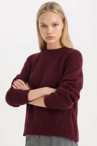 Kadın Bordo Regular Fit Bisiklet Yaka Basic Düz Triko Kazak