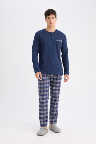 Regular Fit Pijama Takımı Bisiklet Yaka Uzun Kollu Üst Kareli Alt