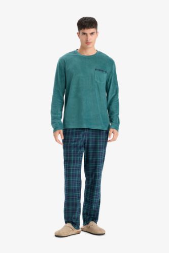 Pijama Takımı Polar Uzun Kollu Üst Kareli Uzun Alt