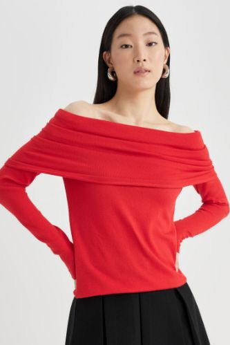 Fitted Açık Omuz Triko Kırmızı Kazak