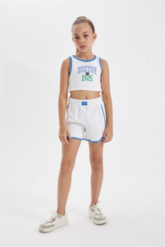 Kız Çocuk 2'li Takım Fitilli Kaşkorse Baskılı Atlet Şort