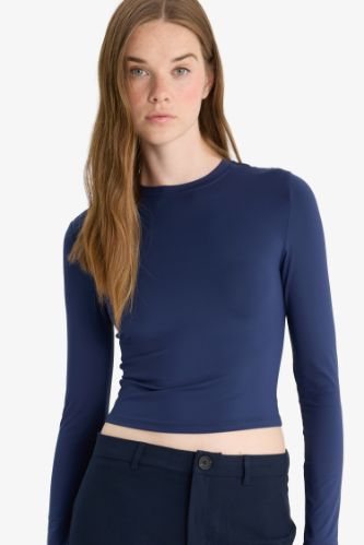 Fitted Bisiklet Yaka Uzun Kollu Tişört
