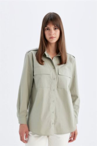 WOMAN Green Relax Fit Shirt Collar Poplin Long Sleeve Tunic