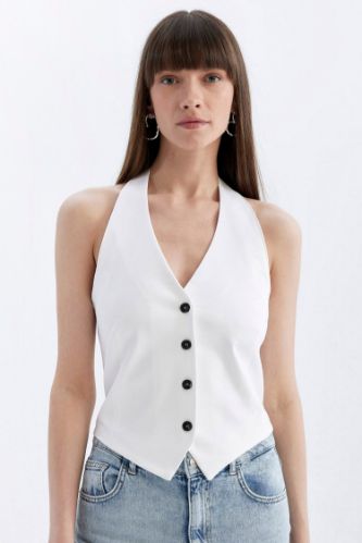 V Yaka Düğmeli Basic Düz Beyaz Blazer Yelek