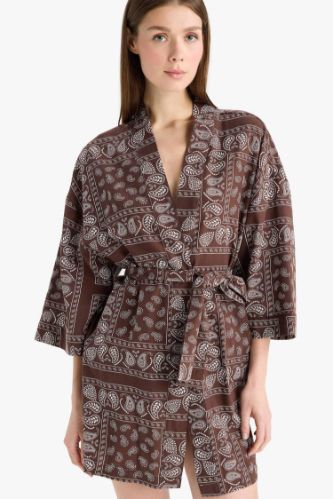 Regular Fit Desenli Kuşaklı Pamuklu Kimono-Fall in Love