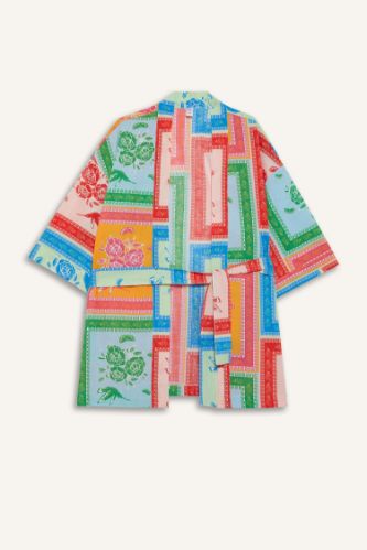 Regular Fit Desenli Kuşaklı Pamuklu Kimono-Fall in Love
