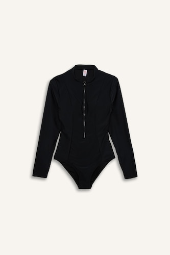 Regular Fit Zippered Black Swimsuit