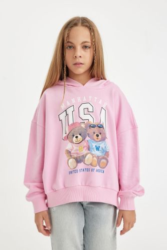 Kız Çocuk Pembe Oversize Geniş Kalıp Kapüşonlu Ayıcık Baskılı Sweatshirt