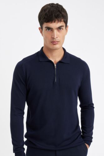 Lacivert Standart Fit Normal Kesim Fermuarlı Polo Yaka Triko Kazak