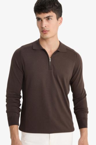 Standart Fit Polo Yaka Yarım Fermuarlı Premium Triko Kazak