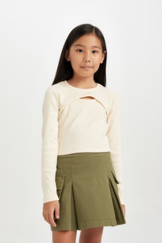 Kız Çocuk Slim Fit Dar Kesim Bisiklet Yaka Fitilli Kaşkorse Uzun Kollu Tişört