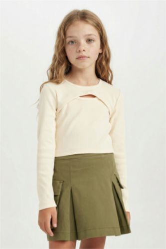 Kız Çocuk Slim Fit Dar Kesim Bisiklet Yaka Fitilli Kaşkorse Uzun Kollu Tişört