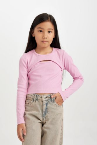 Kız Çocuk Slim Fit Dar Kesim Bisiklet Yaka Fitilli Kaşkorse Uzun Kollu Tişört