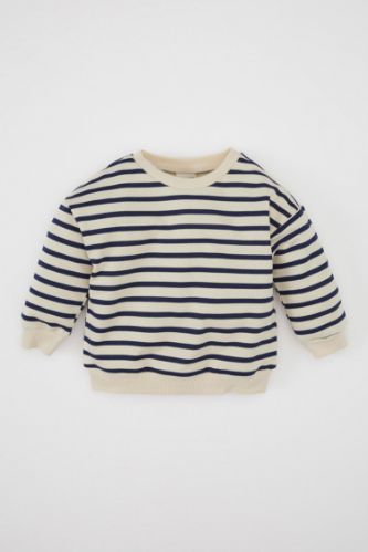 Erkek Bebek Bisiklet Yaka Çizgili İçi Yumuşak Tüylü İnce Sweatshirt