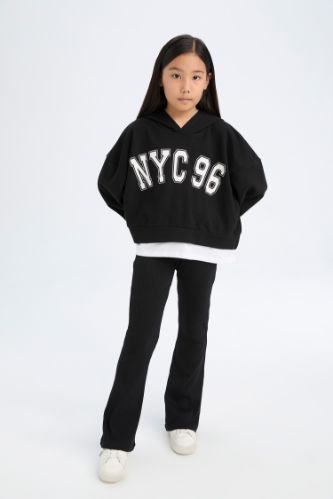 Kız Çocuk 2'li Takım Kapüşonlu Baskılı Sweatshirt İspanyol Paça Tayt