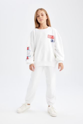Kız Çocuk 2'li Takım Bisiklet Yaka Baskılı Sweatshirt Jogger Eşofman Altı