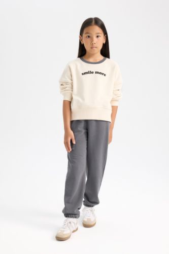 Kız Çocuk 2'li Takım Bisiklet Yaka Baskılı Sweatshirt Beli Lastikli Eşofman Altı