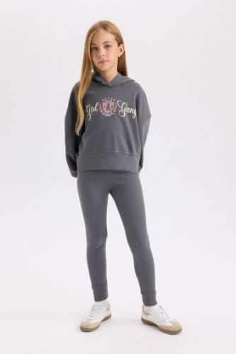 Kız Çocuk 2'li Takım Baskılı Kapüşonlu Sweashirt Beli Lastikli Fitilli Kaşkorse Tayt